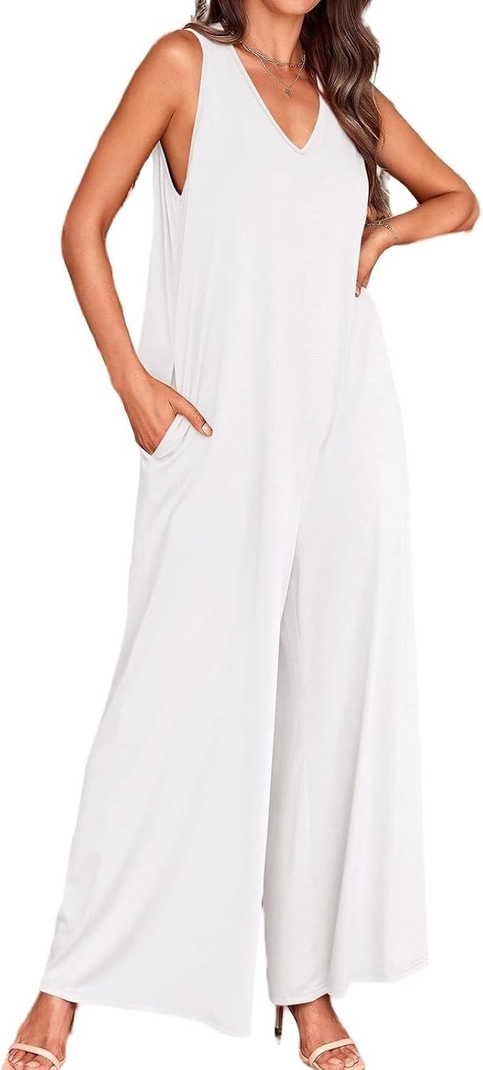 Women's casual jumpsuit with V-neckline, sleeveless and wide legs