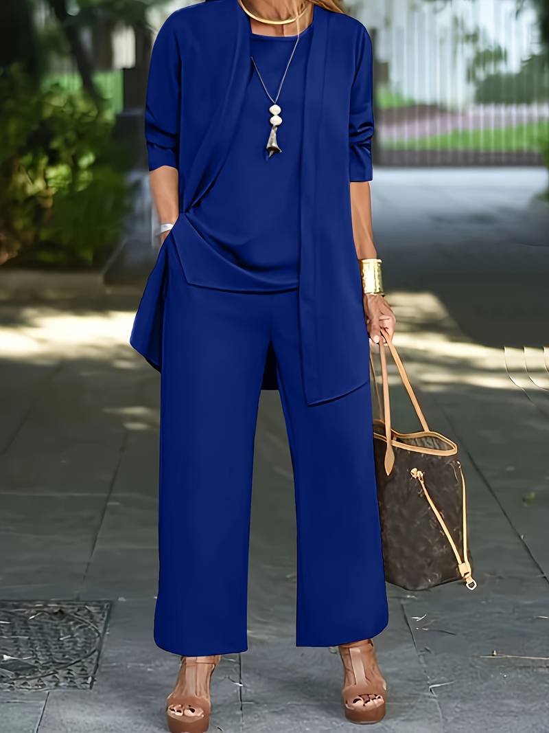 Evelyn – casual three-piece set with cardigan and long trousers