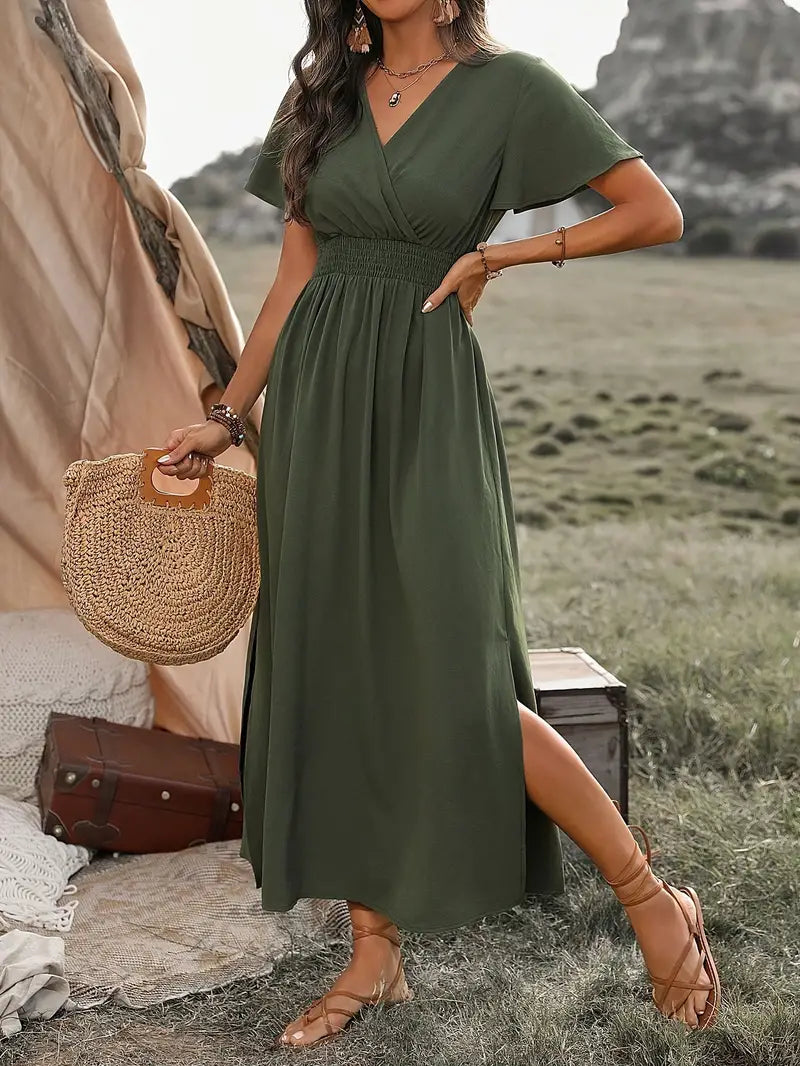 Olivia – plain-colored, side-slit, short-sleeved dress for spring and summer