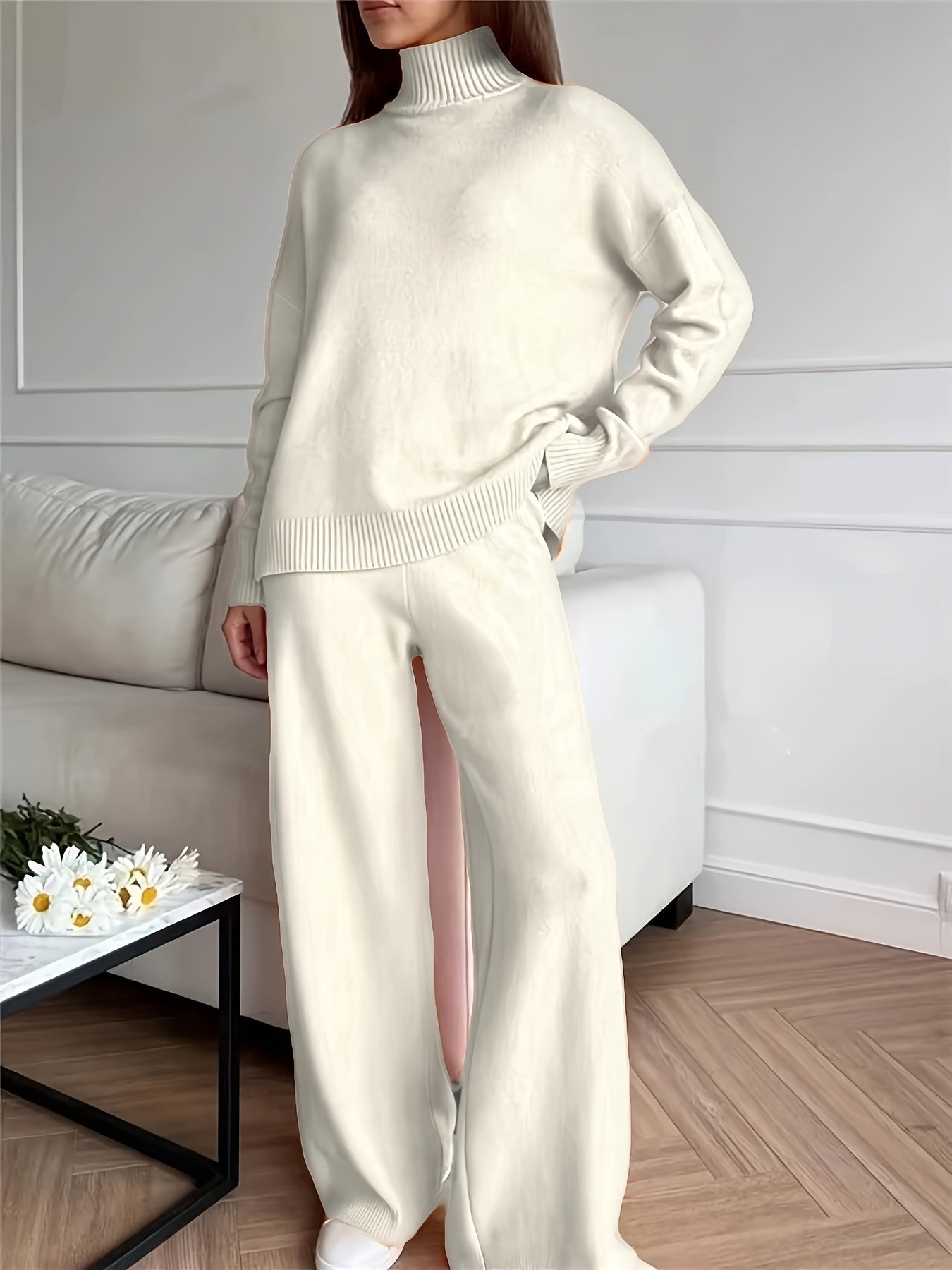 Casual Solid Color Turtle Neck Sweater and Knitted Pants Outfit Set for Women | Ideal for Autumn