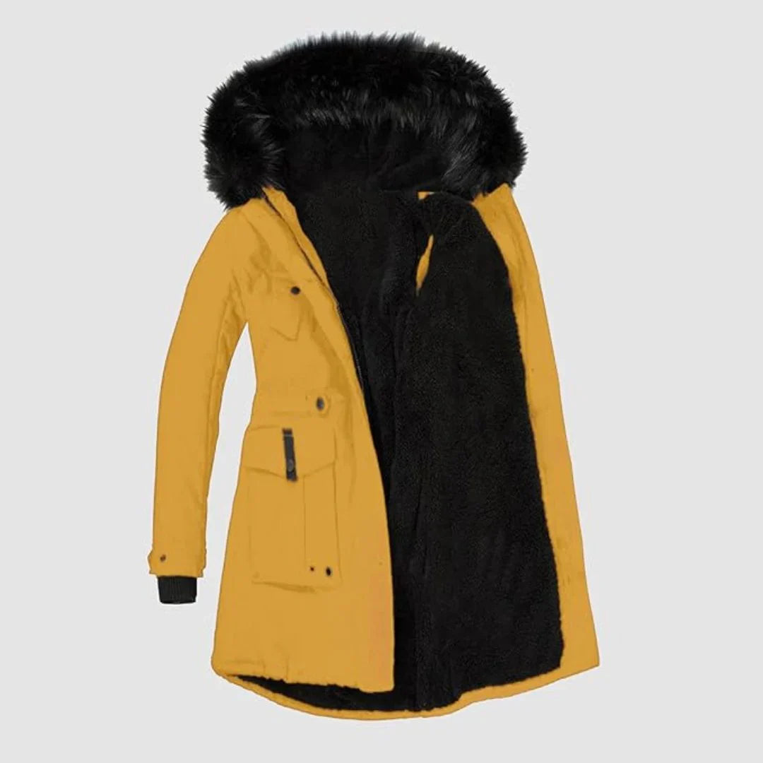 Stylish women's parka with black faux fur trim