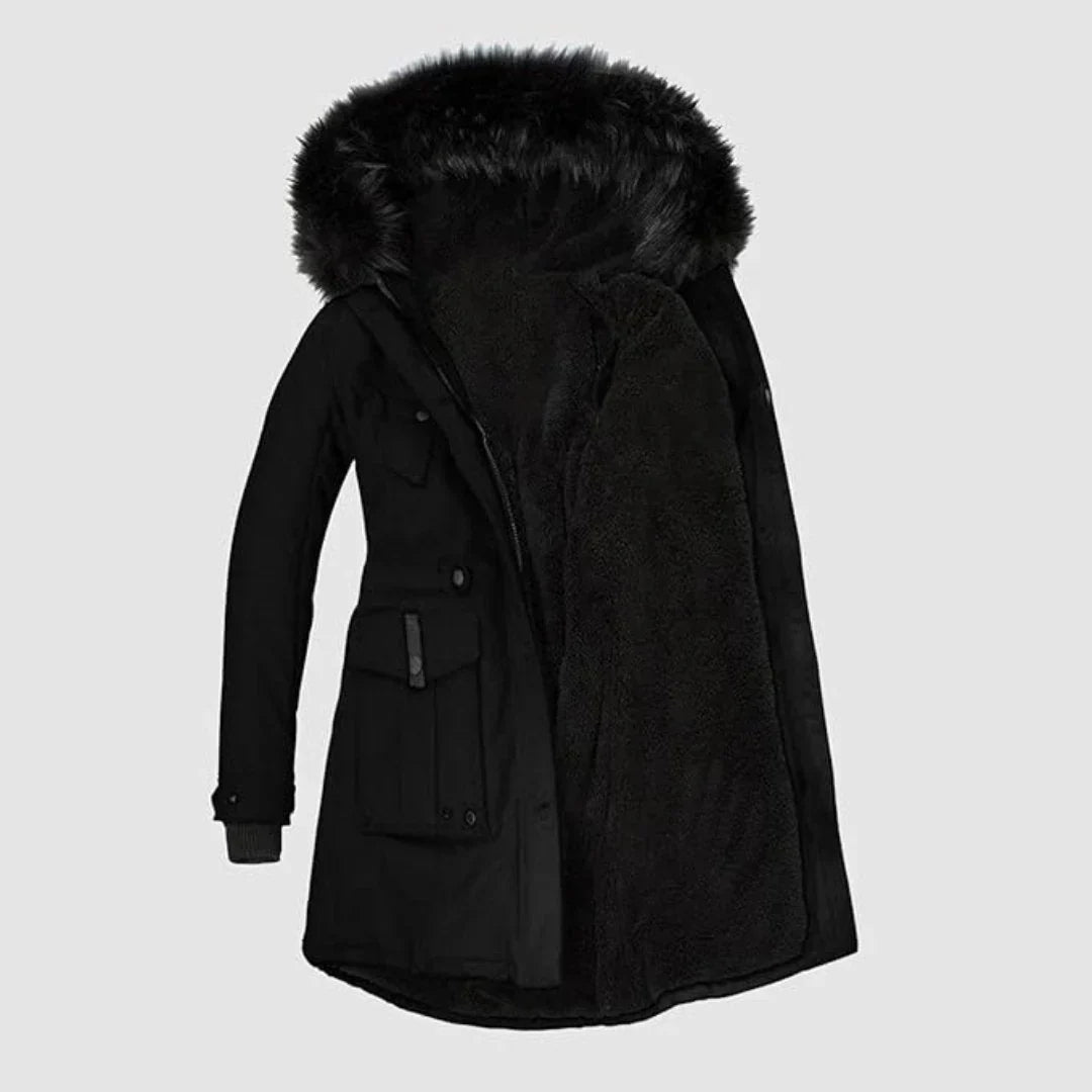 Stylish women's parka with black faux fur trim