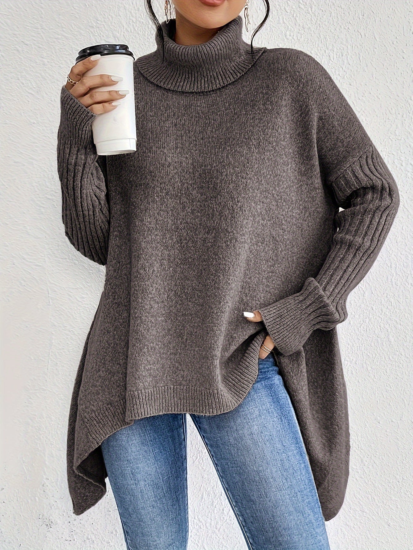 Casual Cotton Asymmetric Hem Turtle Neck Sweater with Long Sleeves for Women | Ideal for Autumn