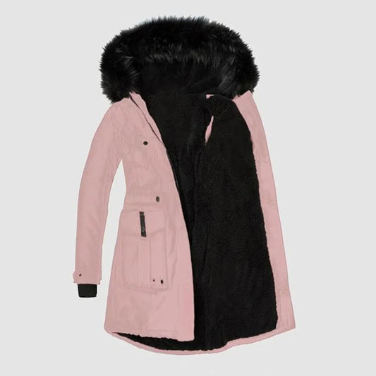 Stylish women's parka with black faux fur trim