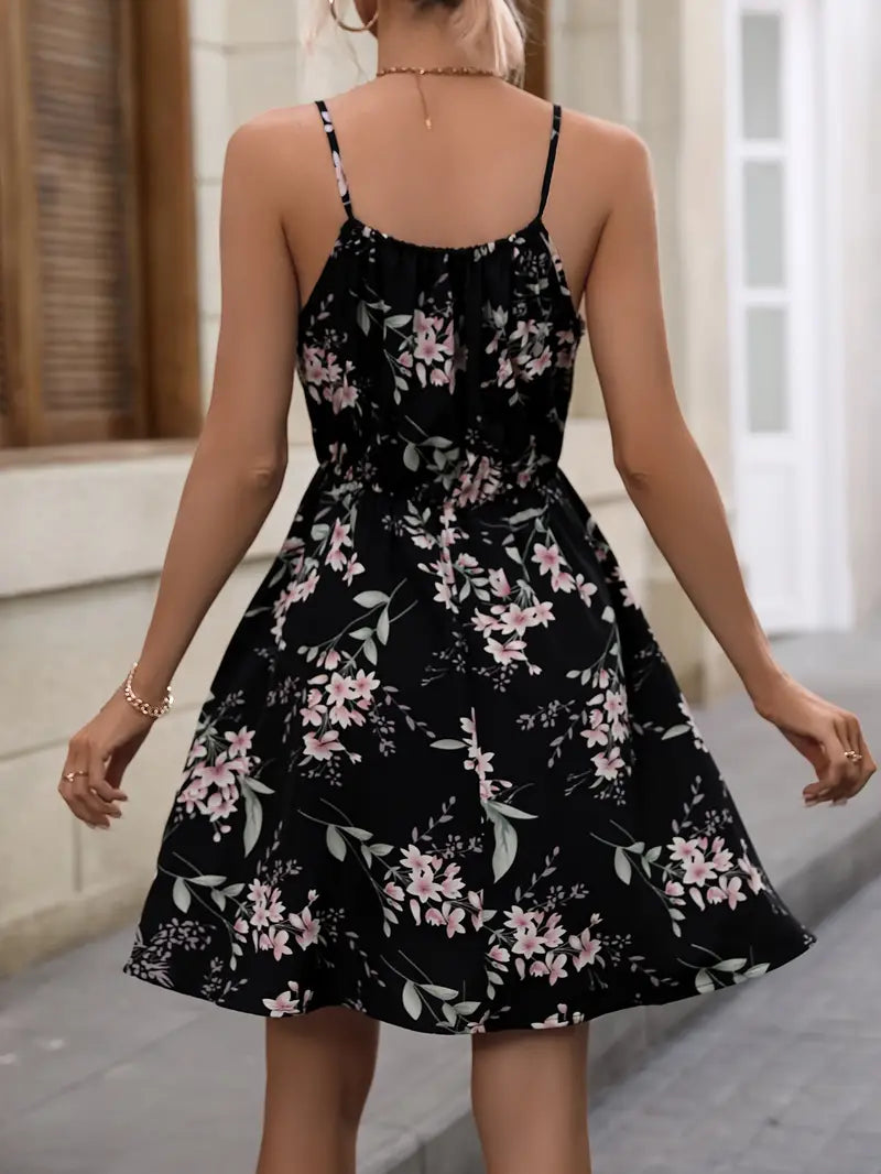 Isabella floral print holiday dress with narrow waist and spaghetti straps