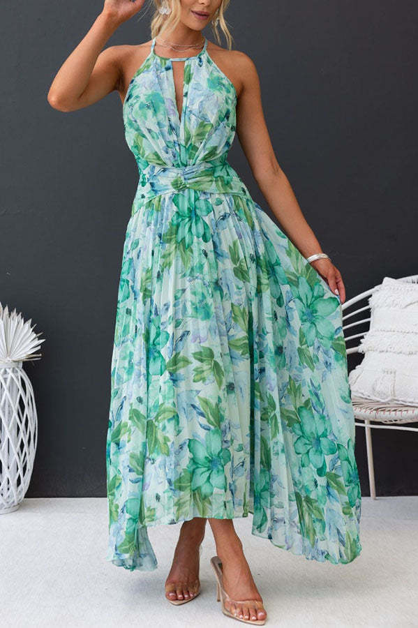 Forecast - pleated mid-length dress with a cutout neckline and a floral pattern