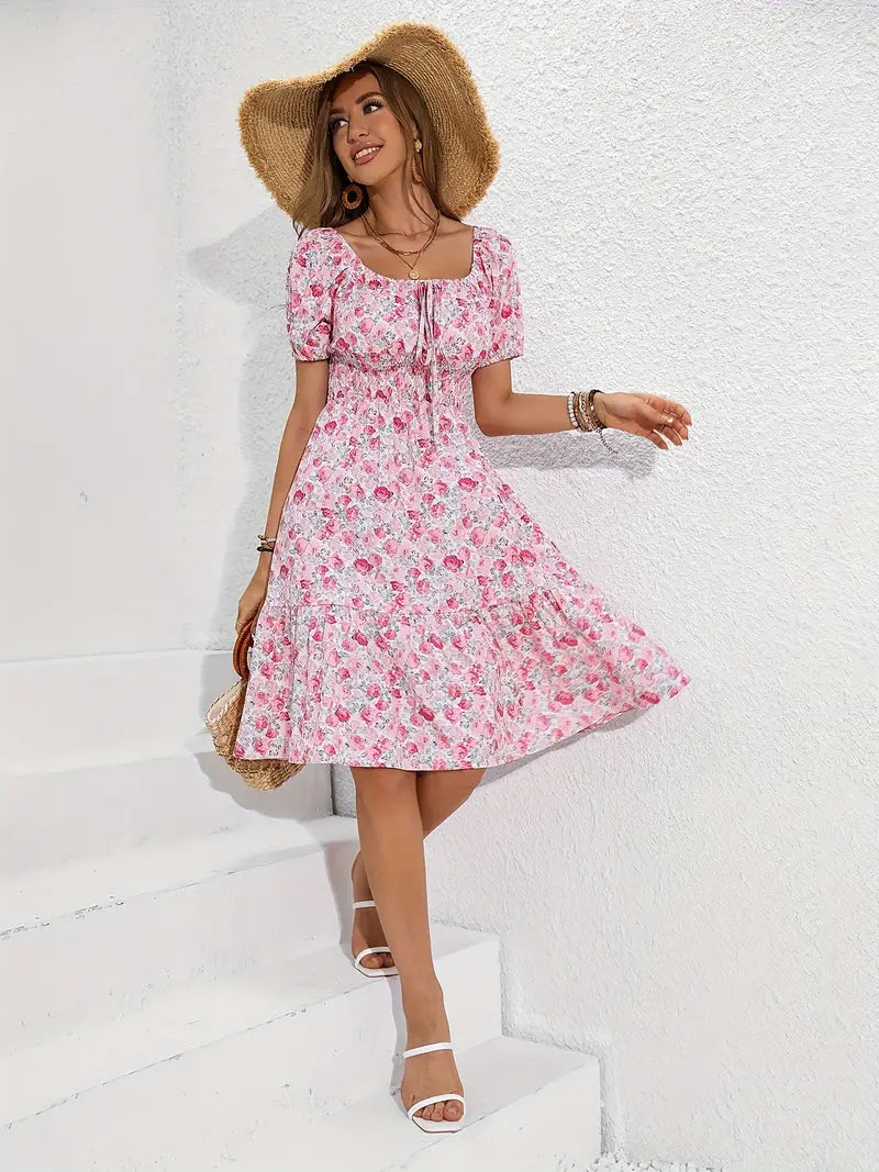 Olivia floral print holiday dress with front knot detail and square neckline