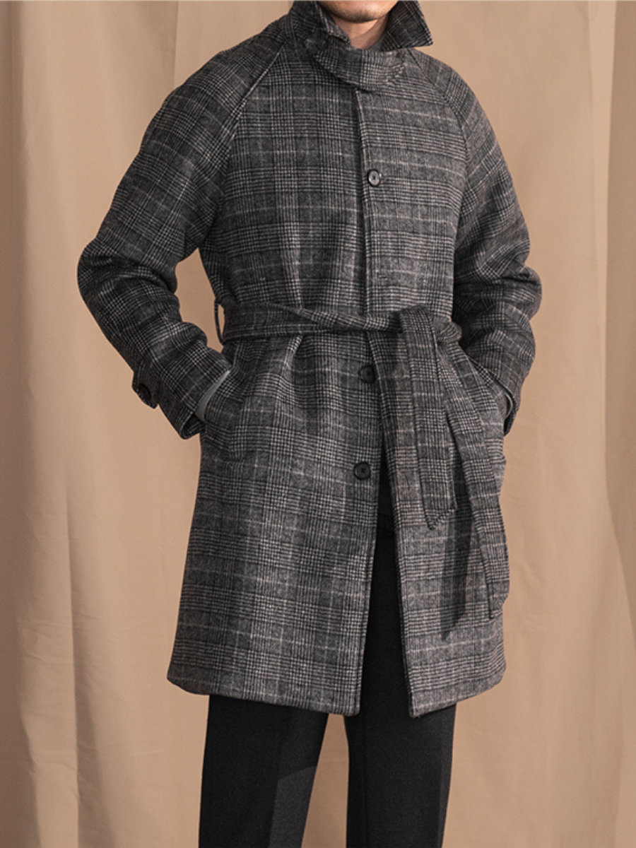 Gray Prince Check Wool Overcoat