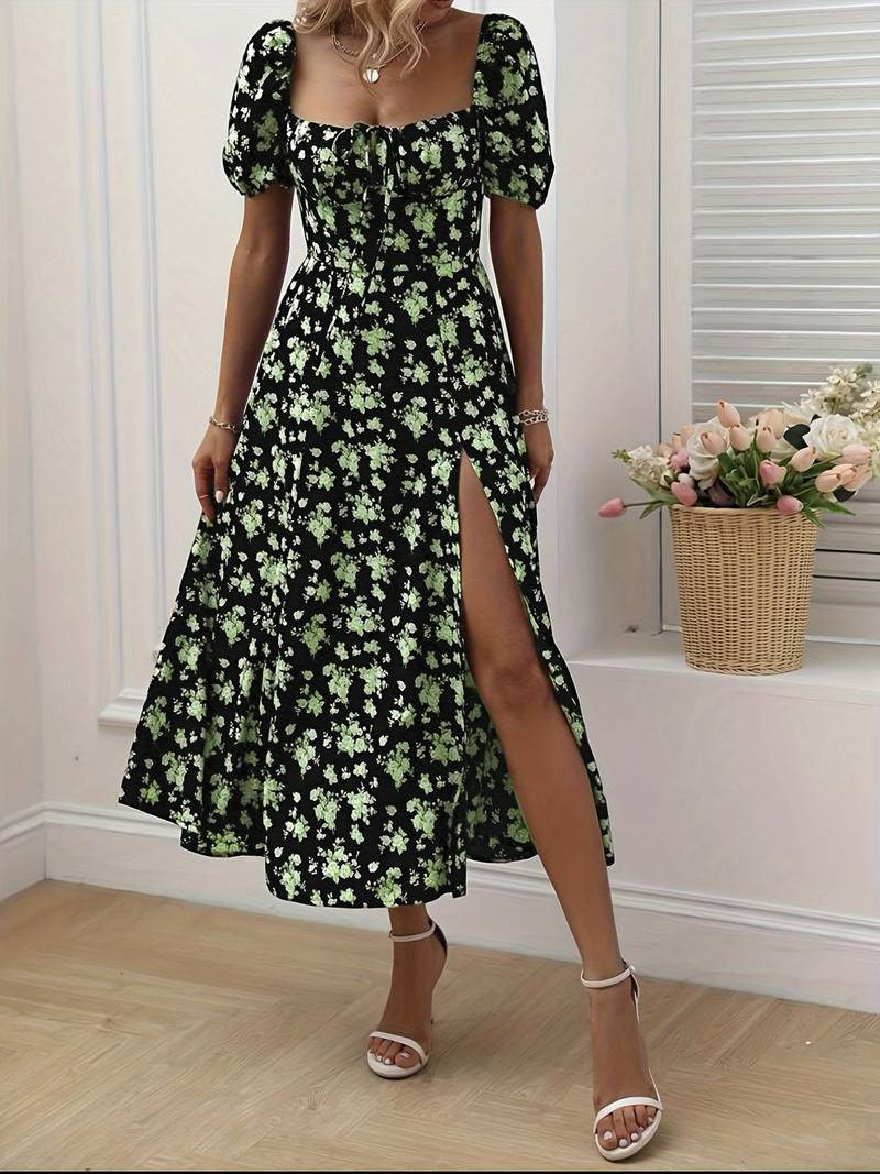 Ava split hem floral a-line dress for spring