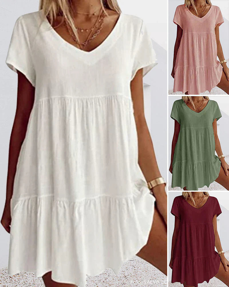 Isis - casual cotton blend dress with short sleeves and ruffle details