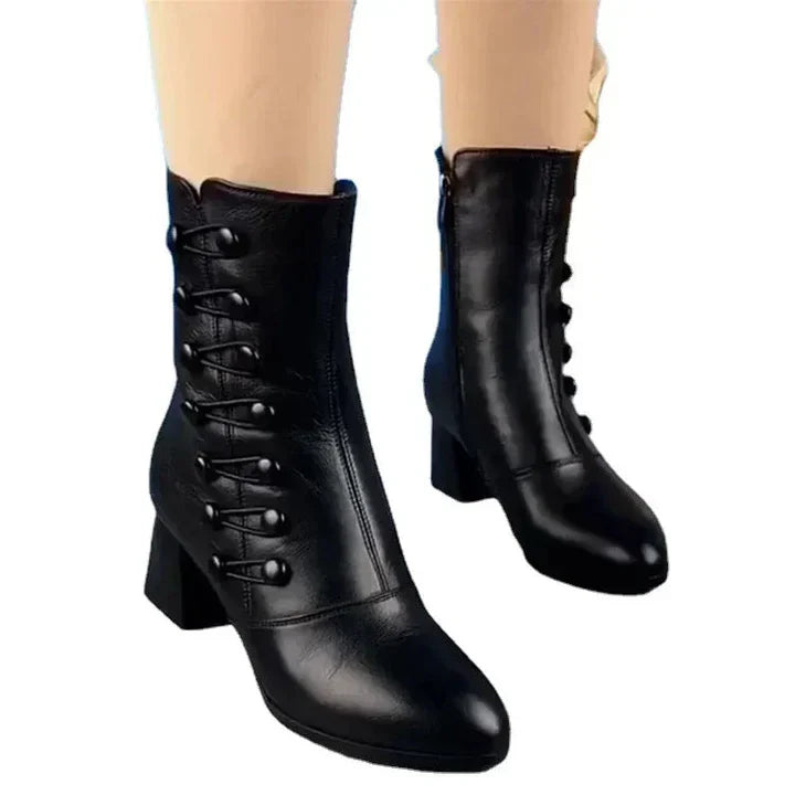 Warm leather women's boots made of coarse leather