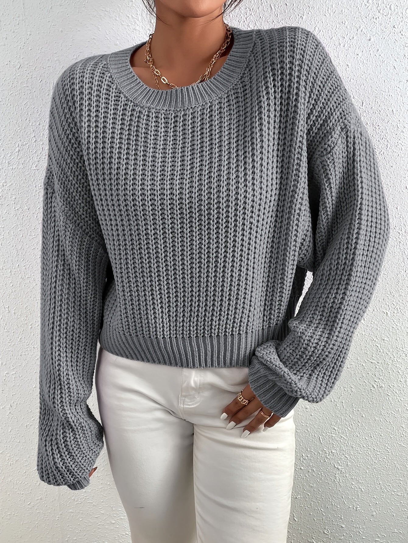 Casual Cotton Solid Color Knit Sweater with Round Neck Design for Women | Ideal for Autumn