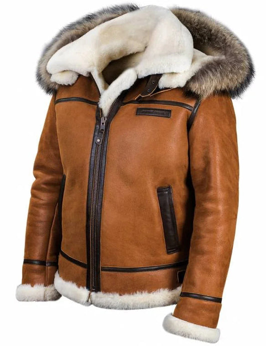 Mens Leather Fur Coat Winter Jacket with Hood | Ideal for Winter