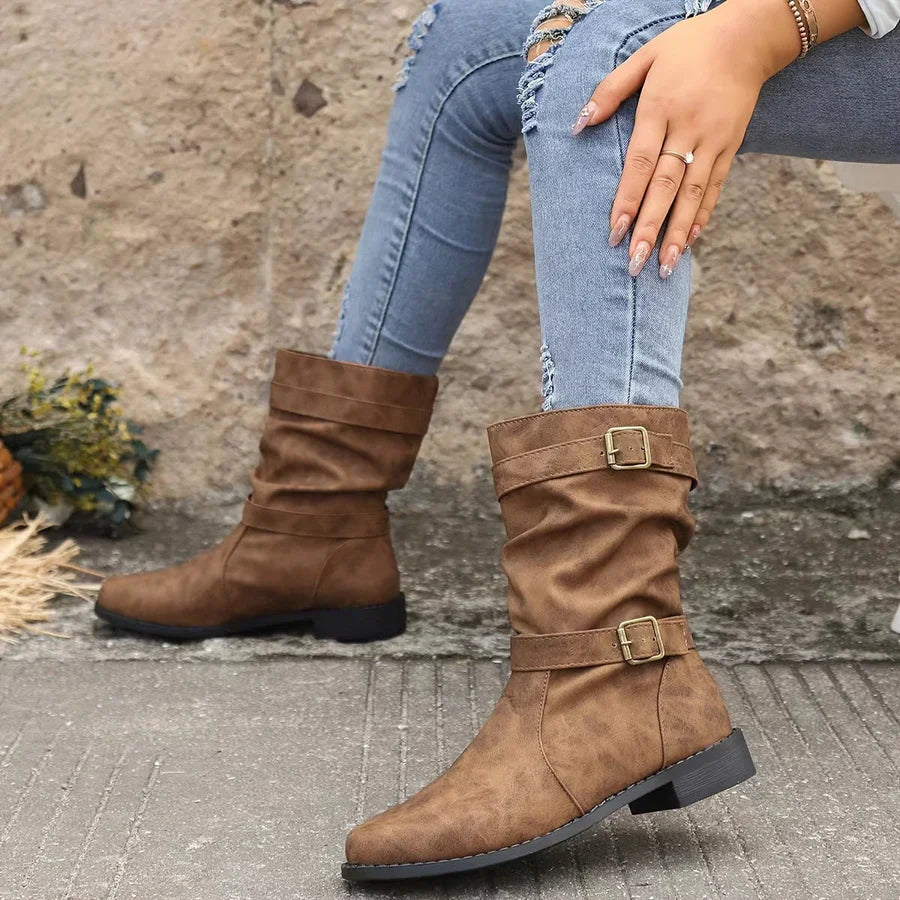 Kasha - vintage buckle strap western ankle boots for women