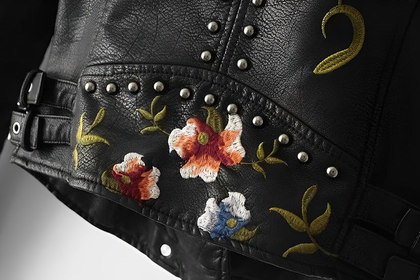 Vintage Vegan Leather Jacket with Flowers for Women | Eco-Friendly Materials