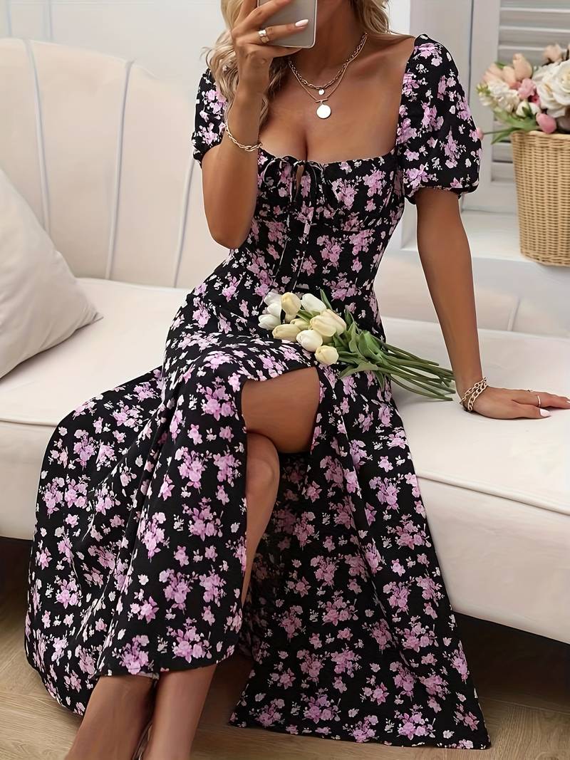 Ava split hem floral a-line dress for spring