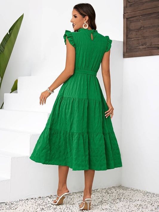 Nora – dress with belt and ruffled hem at the neckline