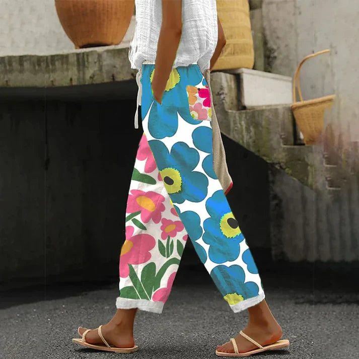 Pamela - green trousers with fresh floral print