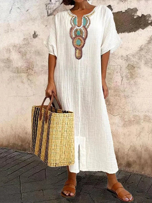 Airy kaftan dress with ethnic accents