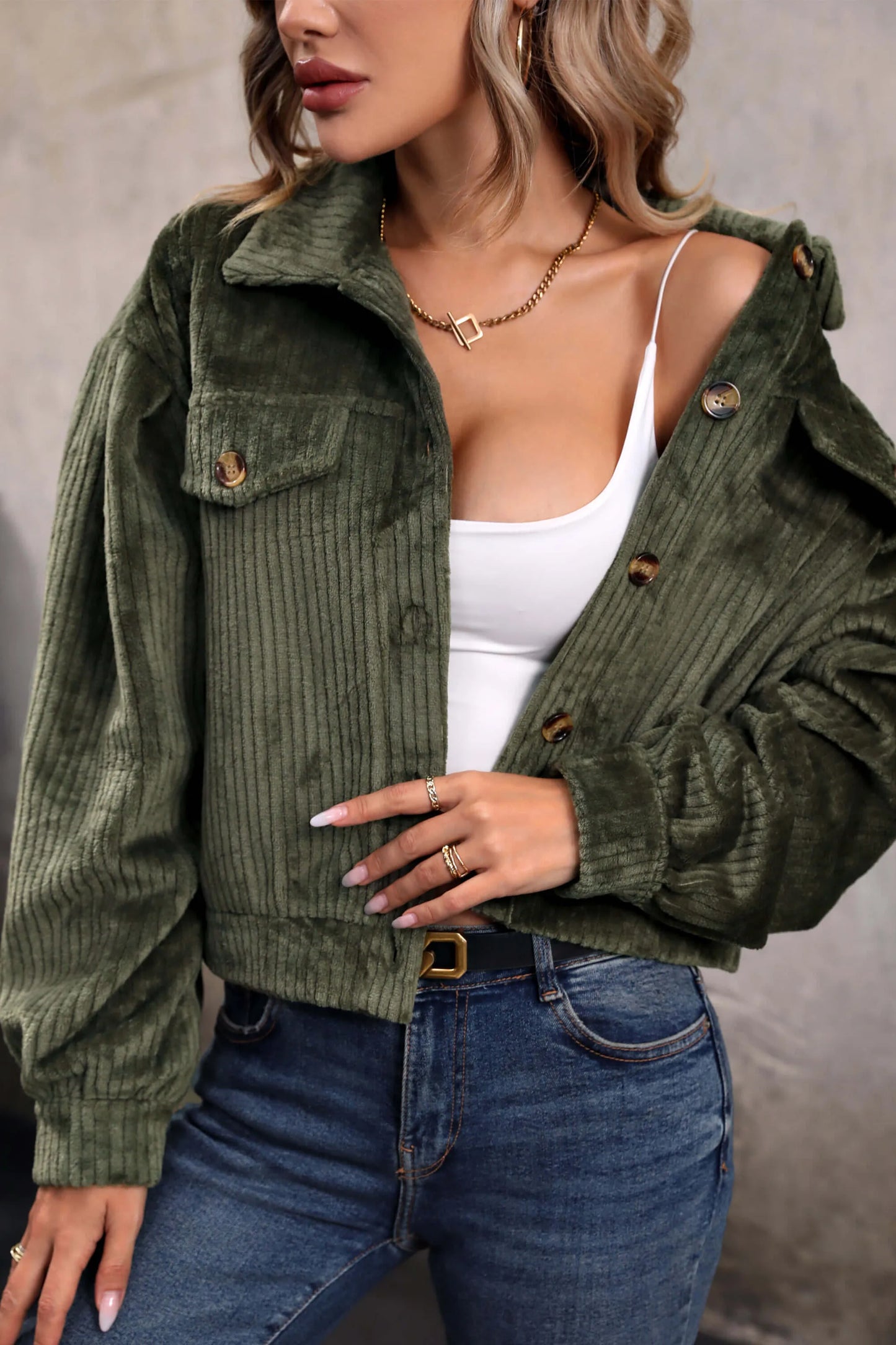 Sabrina Cropped Corduroy Shacket - Olive