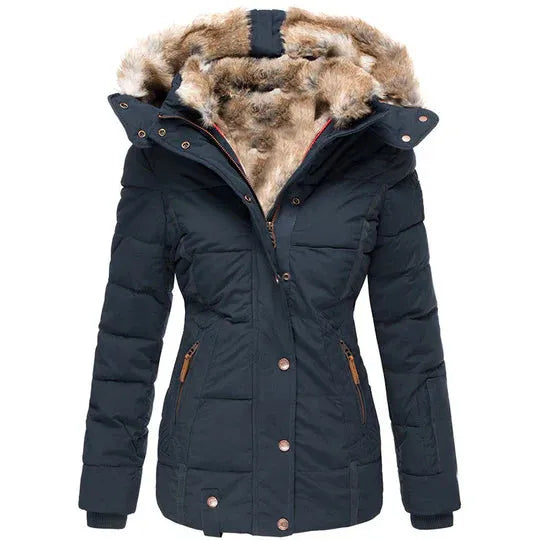 Warm women's coat with fur hood in winter design for autumn/winter