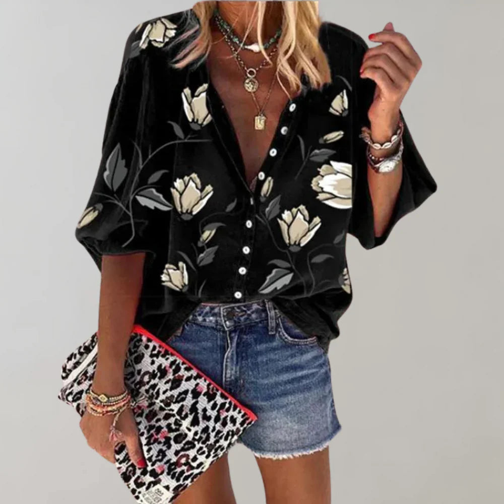 Casual women's blouse with floral pattern and buttons