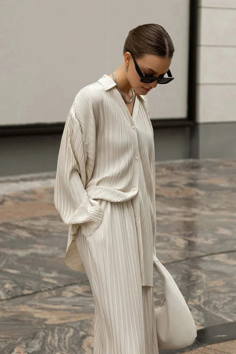 Solid Color Pleated Long Sleeve Pants Set