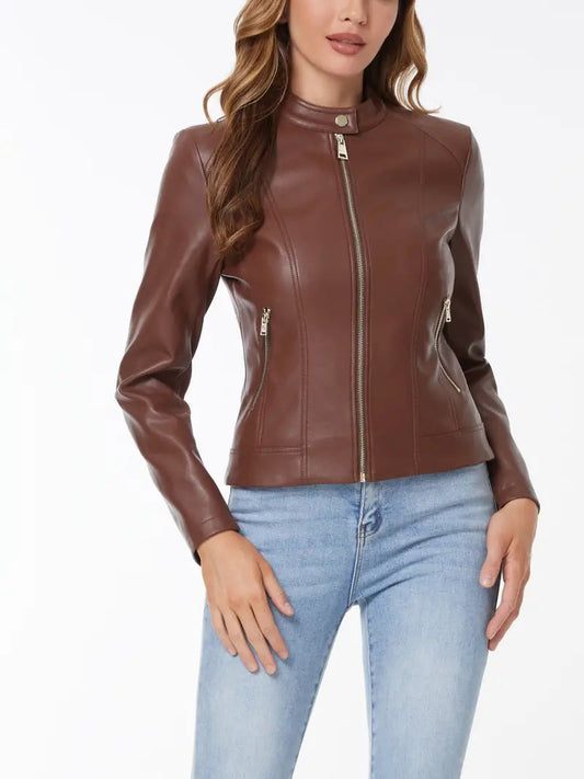 Zip-Up Vintage Vegan Leather Biker Jacket for Women | Eco-Friendly Materials