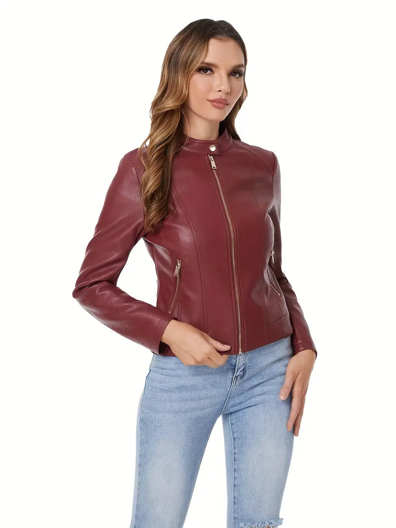 Zip-Up Vintage Vegan Leather Biker Jacket for Women | Eco-Friendly Materials