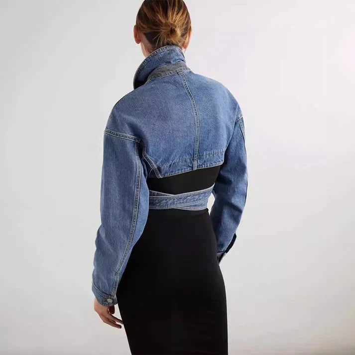 Short asymmetric denim jacket with adjustable belt - zoey