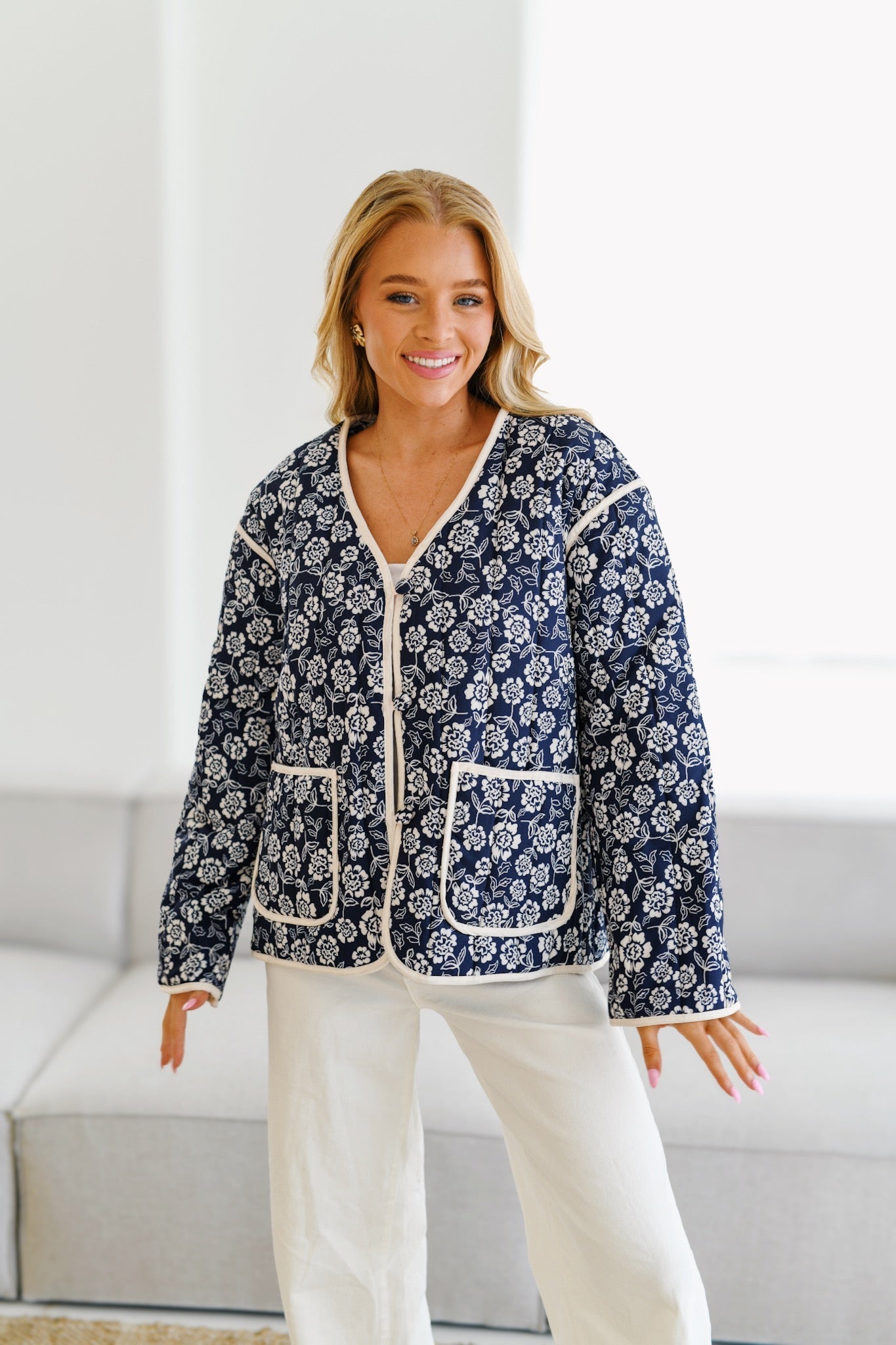 Jayla Printed Quilted Jacket-Navy/Cream