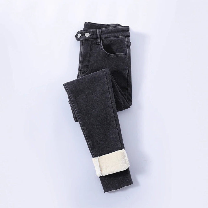 Lined women's winter jeans with a high waist