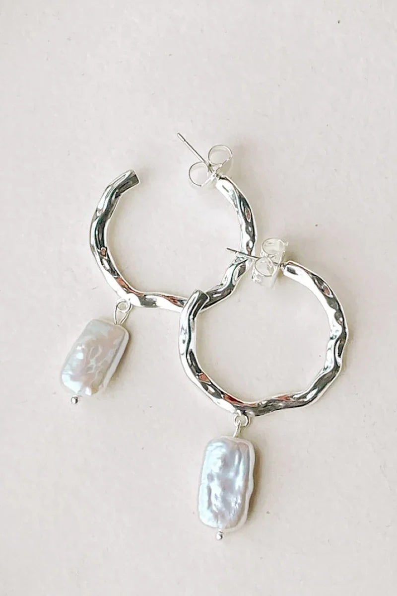 Beaten Metal Pearl Drop Hoops - Silver/Cream