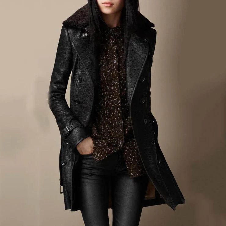 Luxury double-breasted leather jacket with sheepskin collar for women