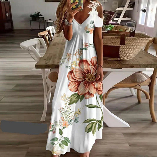 Destiny - elegant long dress with floral pattern - summery, v-neck, sleeveless made of cotton blend