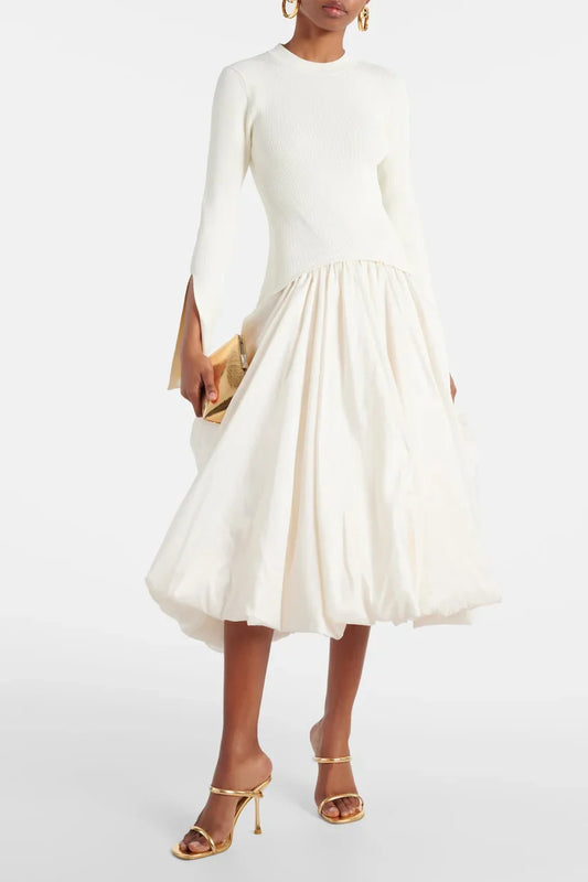 Kenlie Mixed-Media Bubble Skirt Midi-Dress