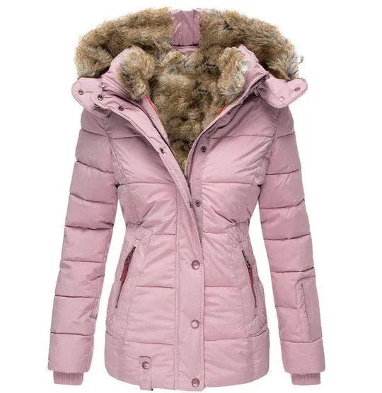 Warm women's coat with fur hood in winter design for autumn/winter