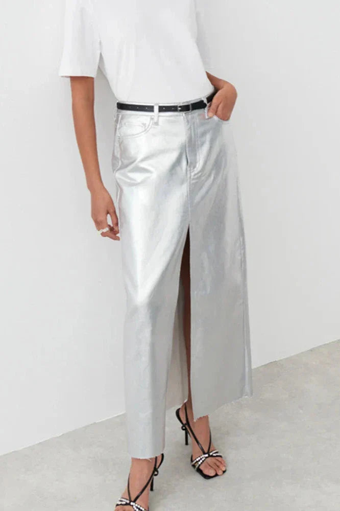 Silver High Waist Pencil Maxi Skirt