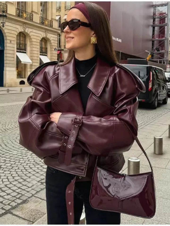 Redou | wine red oversized leather jacket - stylish and tough