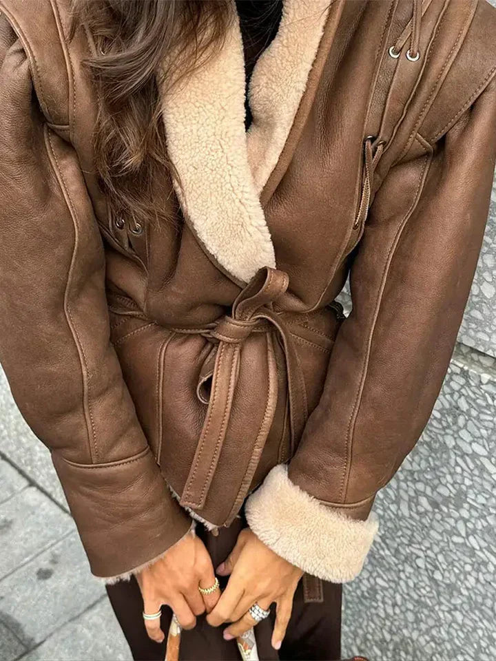 Sophiane - brown leather jacket with fur and belt