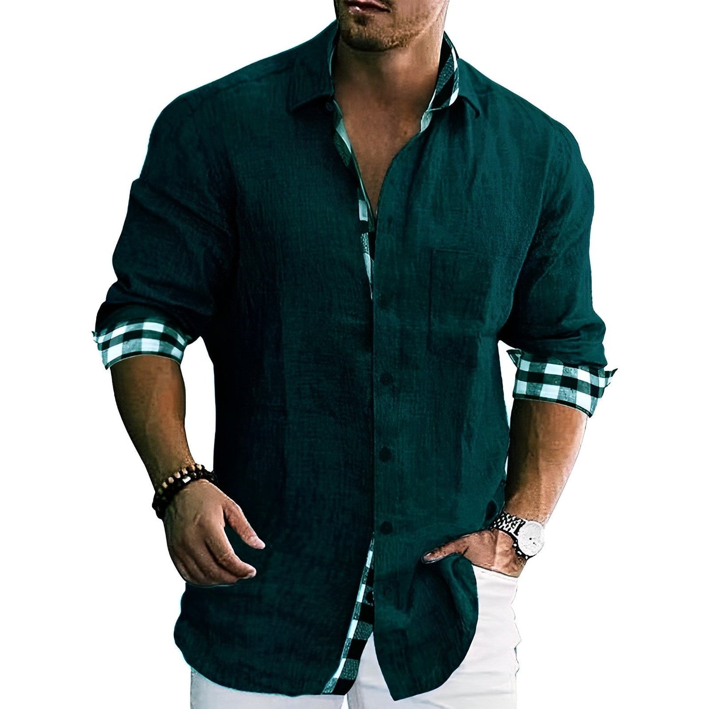 Casual shirt for men with contrast details and rolled up sleeves