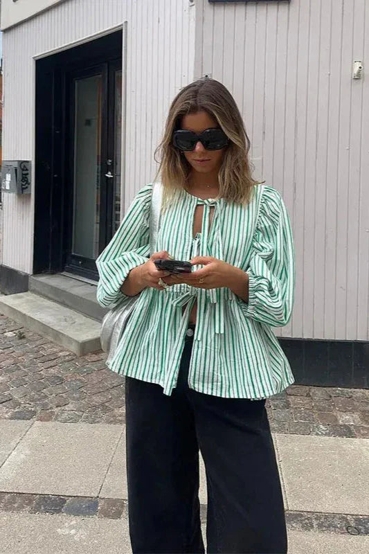 Green Stripes Puff Sleeve Peplum Bow Ties Blouse Short Top