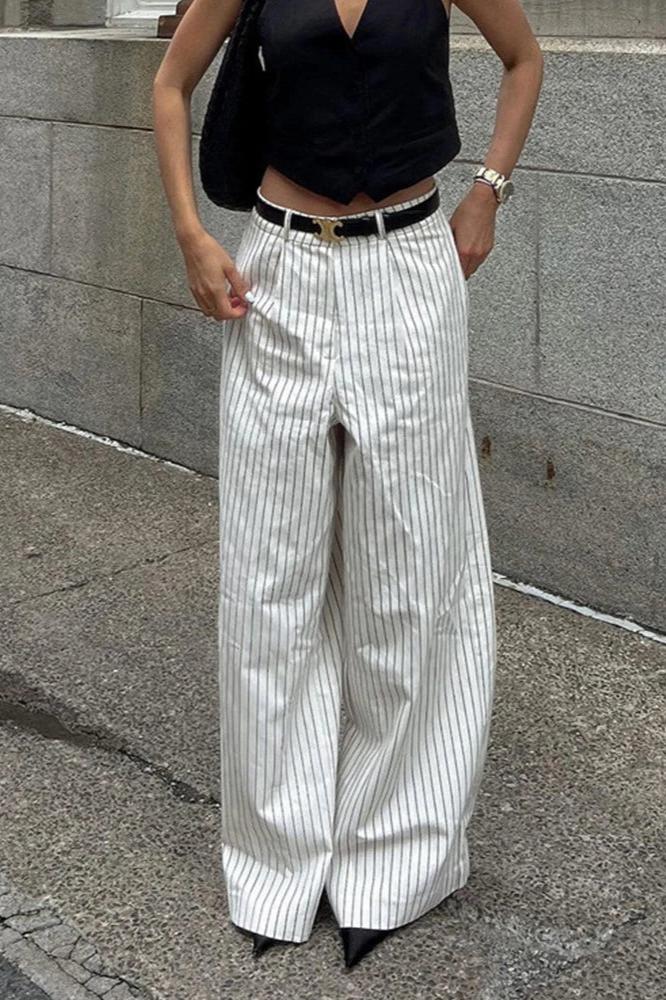 Striped Pockets Wide Leg Pants Without Belt