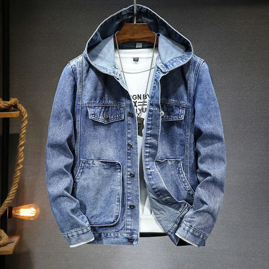 Men's denim jacket with hood in vintage style