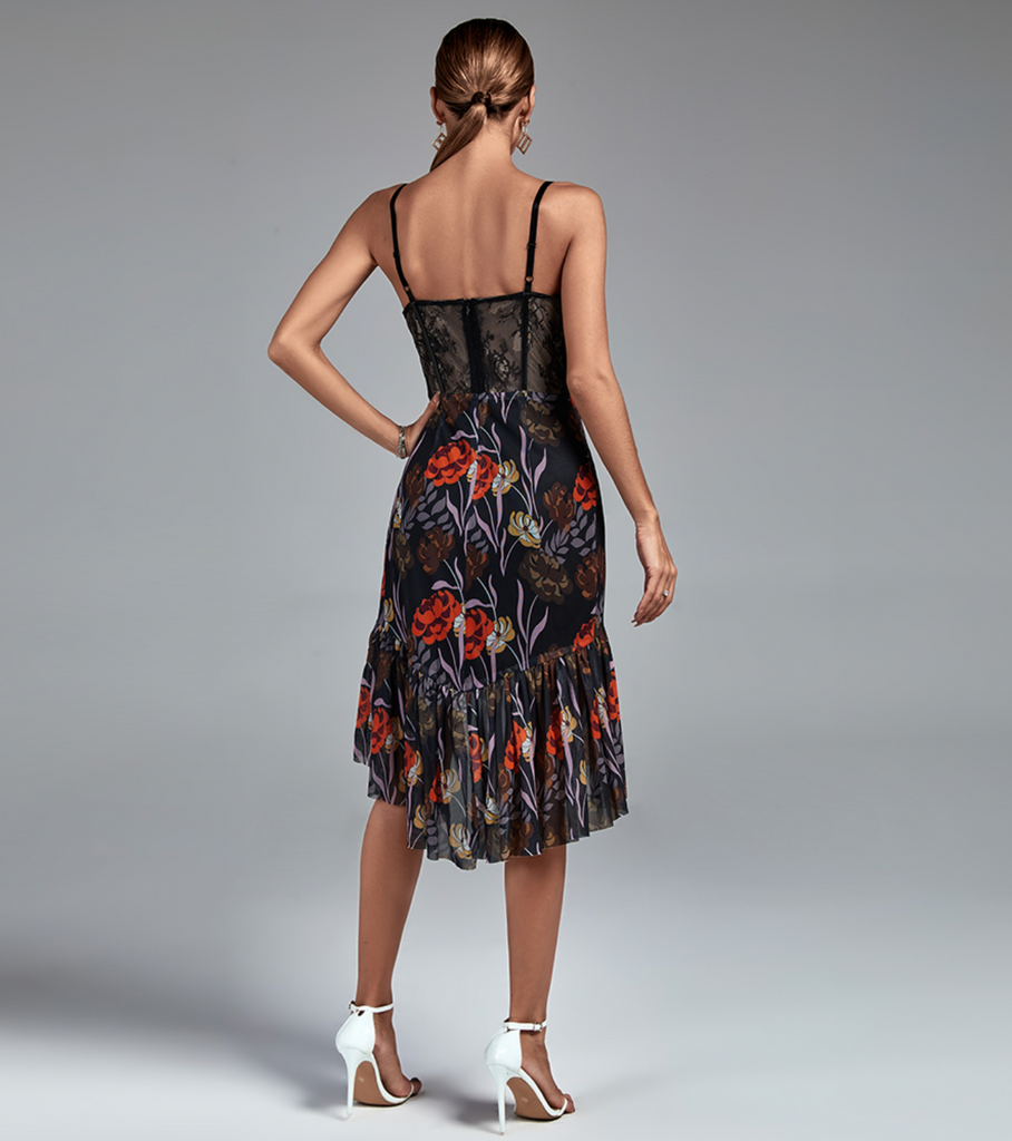 Corset style cocktail dress with floral sweetheart neckline