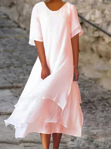 Dress - with a round neck and short sleeves made of double-layered cotton and linen