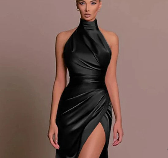 Harper – satin cocktail dress with no back slit