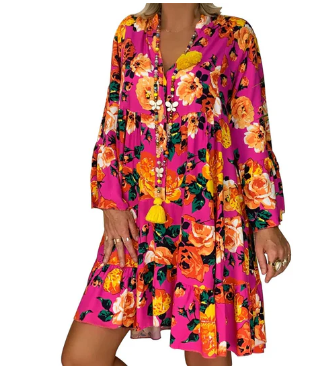 Natalie – floral print boho dress with short sleeves