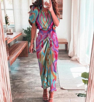 Ava – printed maxi dress with short sleeves and tie button at waist