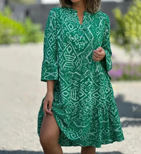 Ava - ethnic graphic print band collar boho dress